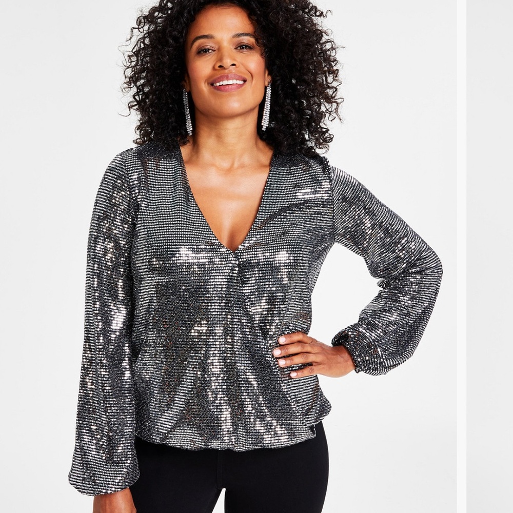 INC Women's Surplice-Neck Metallic Top Size XL